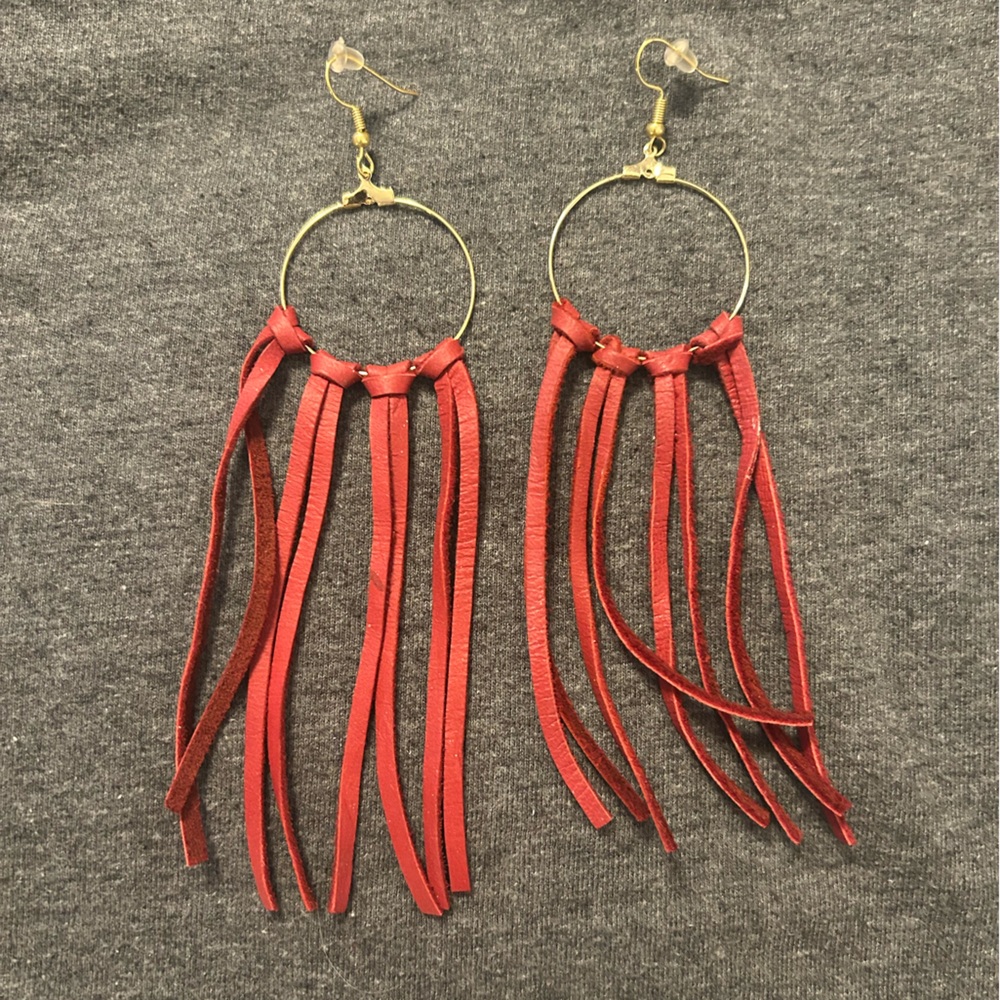 Red Fringe Hoop Dangle Earrings